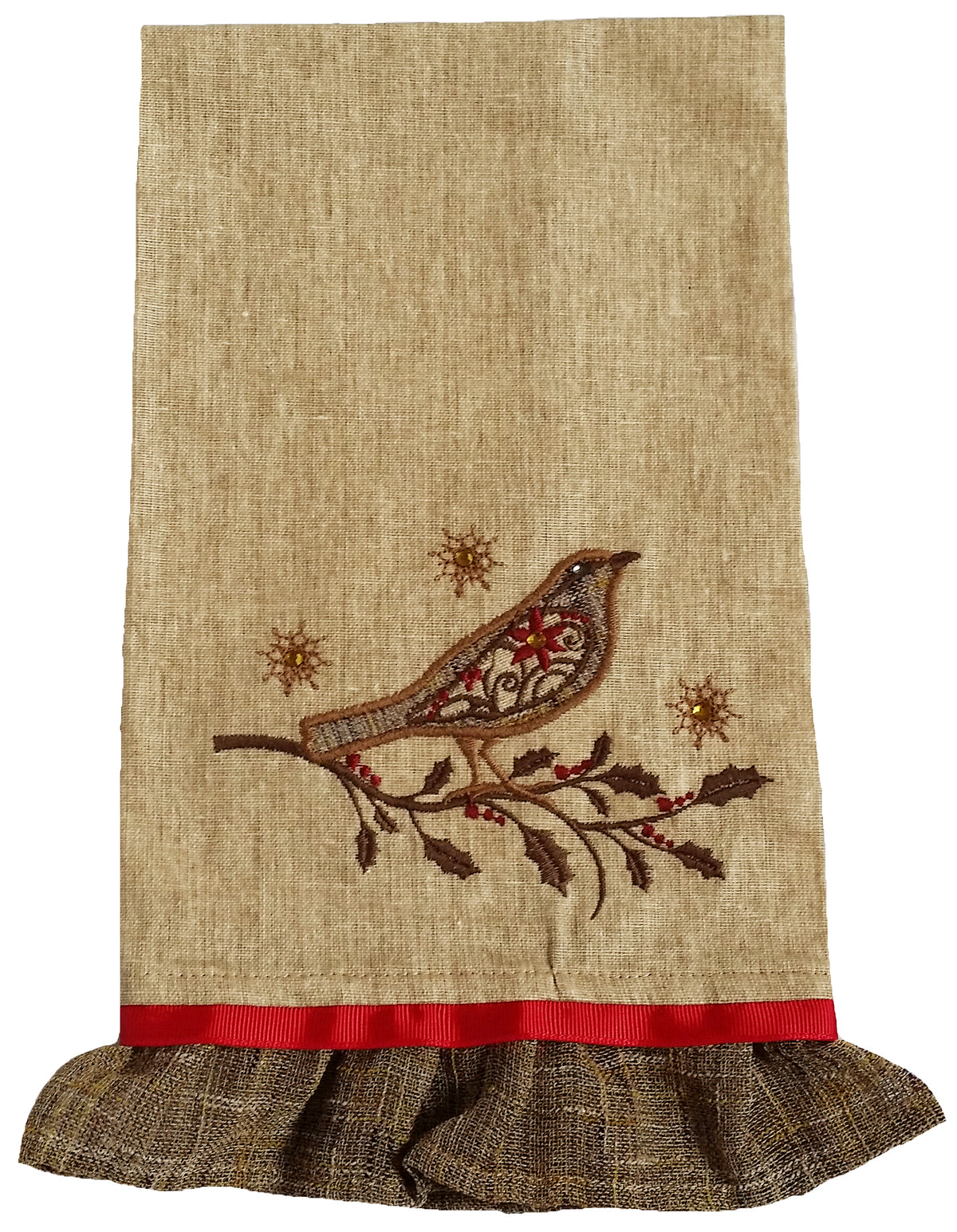 ML14869B Holiday Bird on Twig Embroidered Towel 16x22
