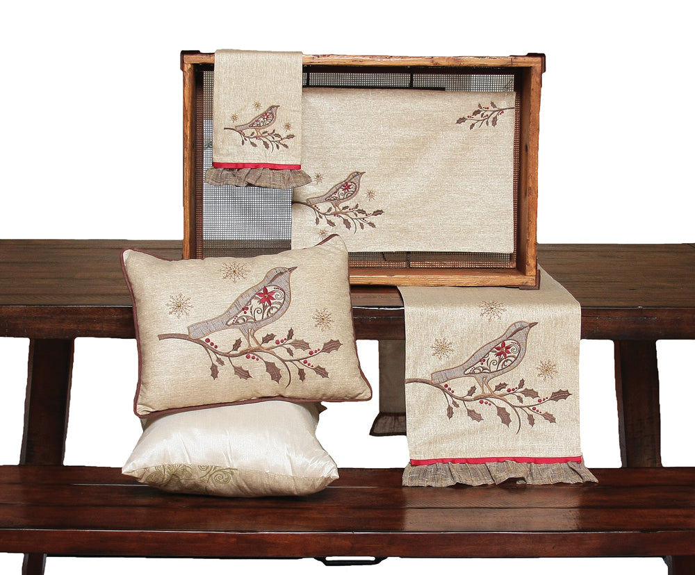 ML14869A Holiday Bird on Twig Embroidered Pillow 13x18
