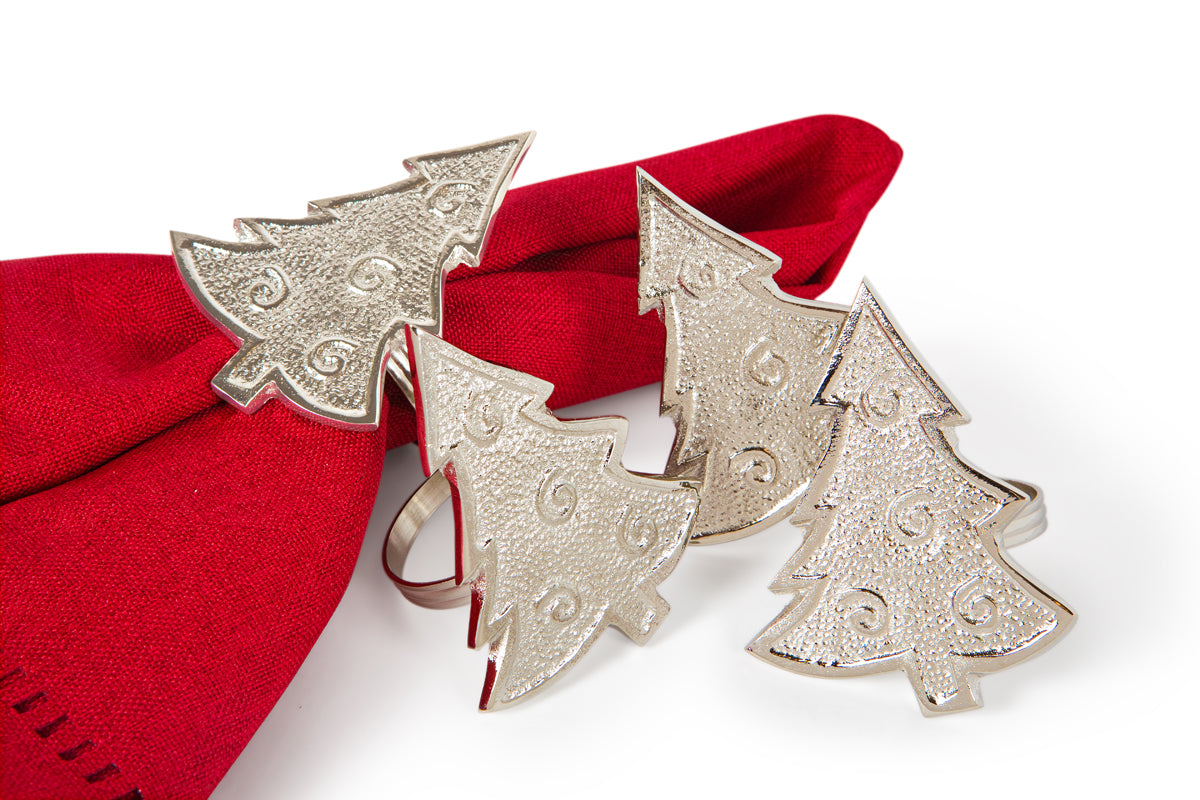 MANOR LUXE Tannenbaum Christmas Tree Napkin Rings Set of 4 Silver