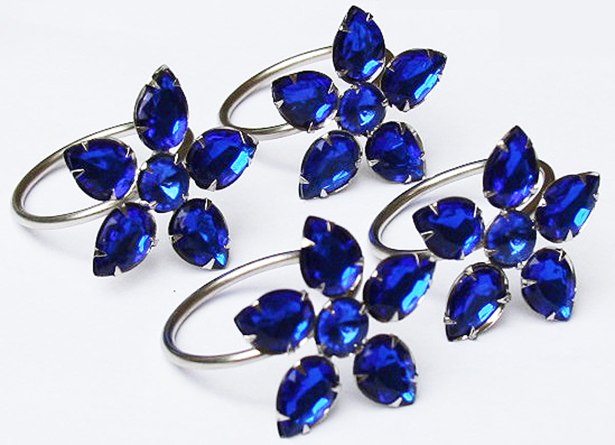 MANOR LUXE Crystal Flower Napkin Rings Set of 4 Blue