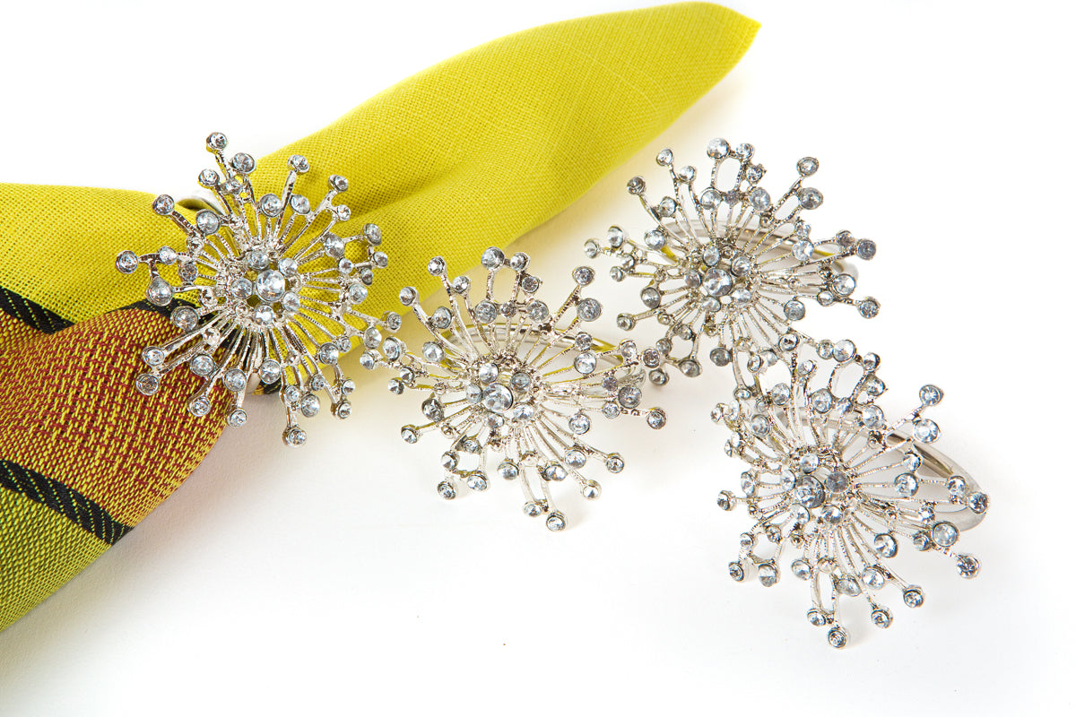 MANOR LUXE Snowflake Rhinestone Napkin Rings Set of 4 Silver