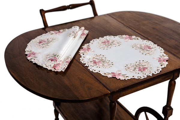 MANOR LUXE Blush Embroidered Cutwork Round Doilies/Placemat Set of 4, 16 Inch, White