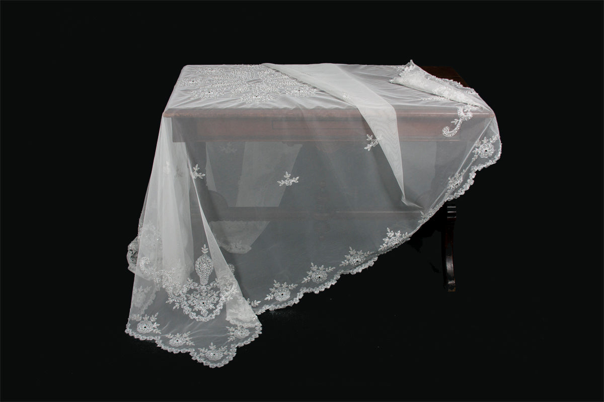 MANOR LUXE Merrigold Lace Embroidered Sheer Tablecloth with Beaded Accents, 80x80, Clear