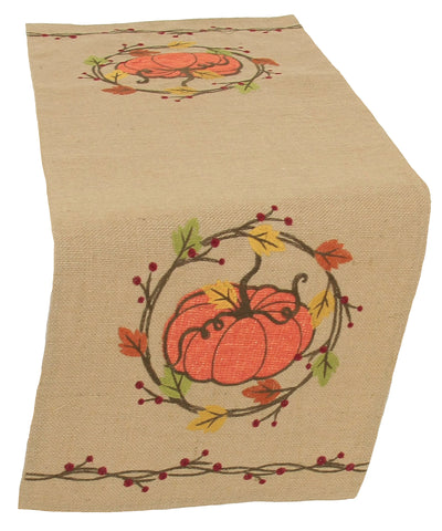 ML16351 Rustic Pumpkin Wreath Embroidered Polyester Table Runner 13x36