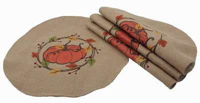 ML16351 Rustic Pumpkin Wreath Embroidered Polyester Round Placemat Set of 4 16"