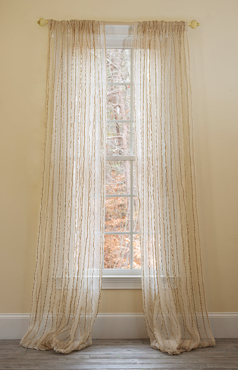 ML16610 Tafetta Stripe Textured Sheer Rod Pocket Curtain Panel 52x96 Champagne Polyester