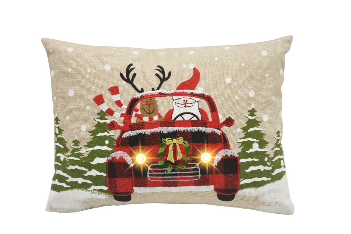 ML18922 – MANOR LUXE Snowy Car by Santa LED Pillow, 13" x 18"