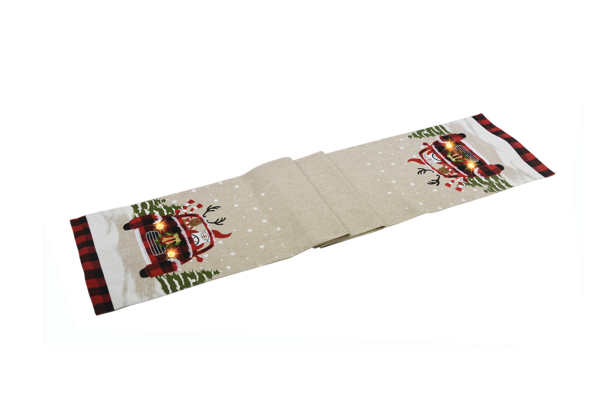 ML18922 – MANOR LUXE Snowy Car by Santa LED Table Runner, 13.5" x 72"