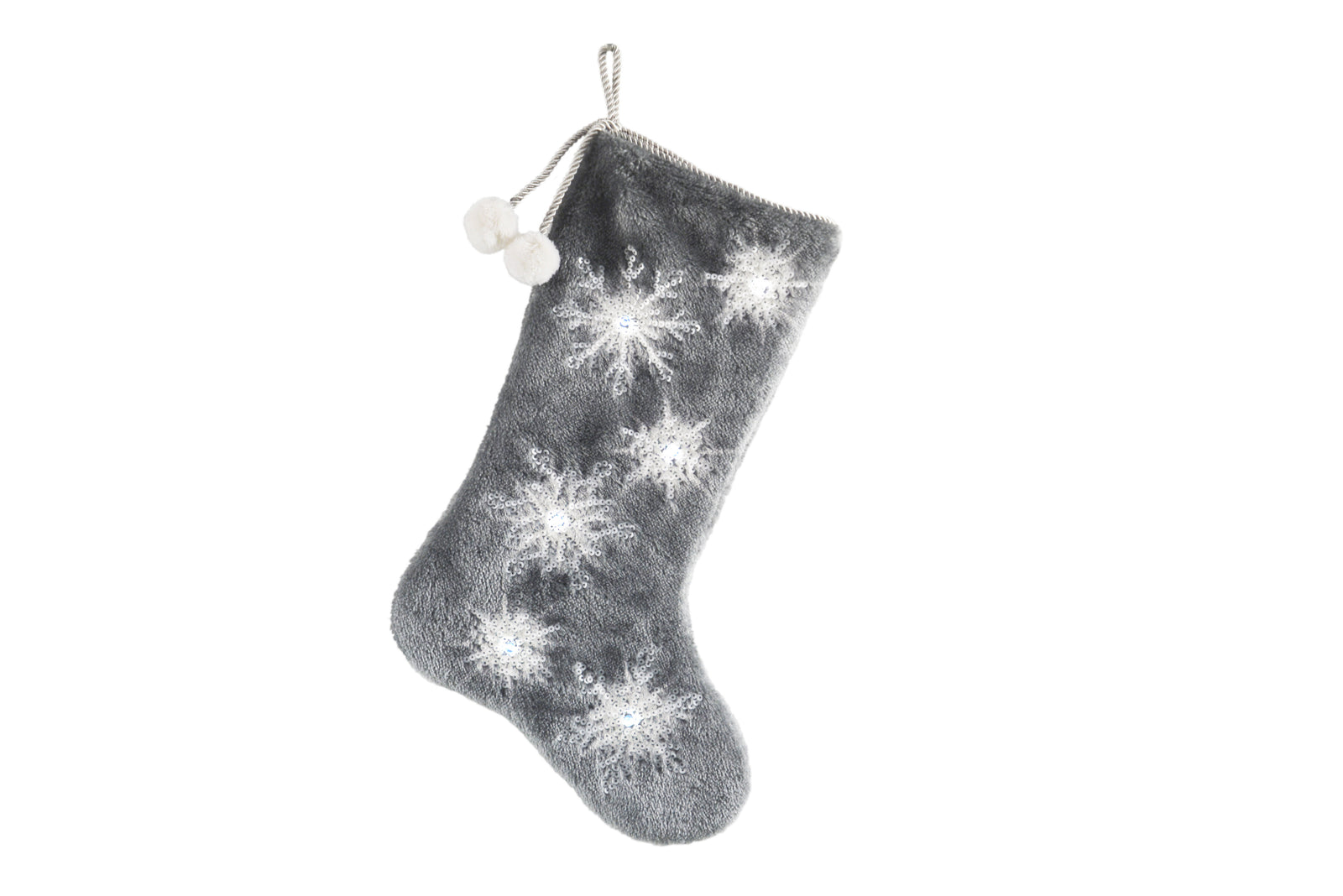 XIA HOME FASHIONS Snowflake Sequin Plush Christmas Stocking Grey 20in with LED