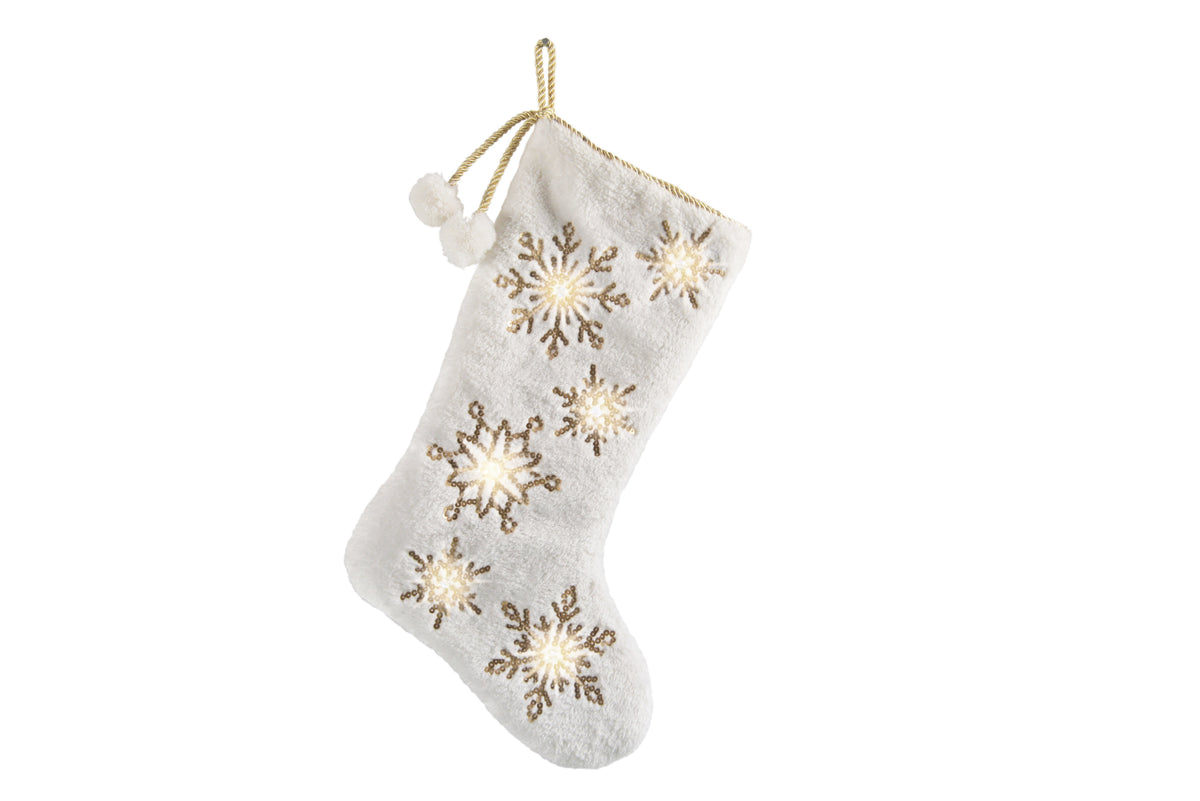 XIA HOME FASHIONS Snowflake Sequin Plush Christmas Stocking Grey 20in with LED