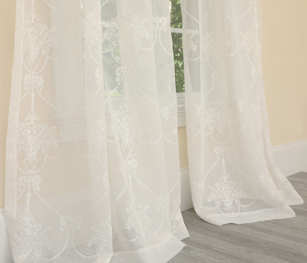 ML19007 Lillie Embroidered Sheer Rod Pocket Curtain Panel 54x84 White Polyester