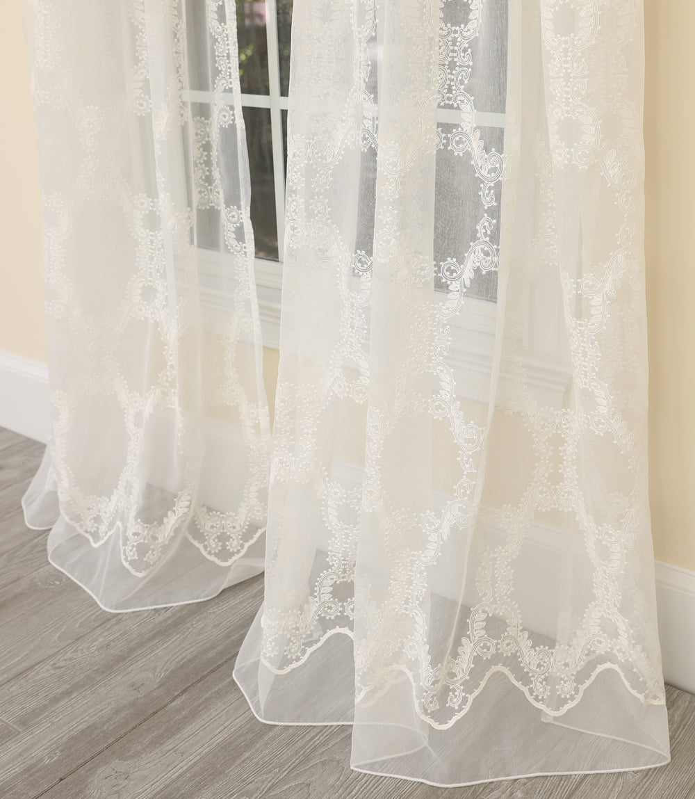 ML19151 Krystal Clear Geometric Embroidered Sheer Rod Pocket Curtain Panel 54x108 White Polyester