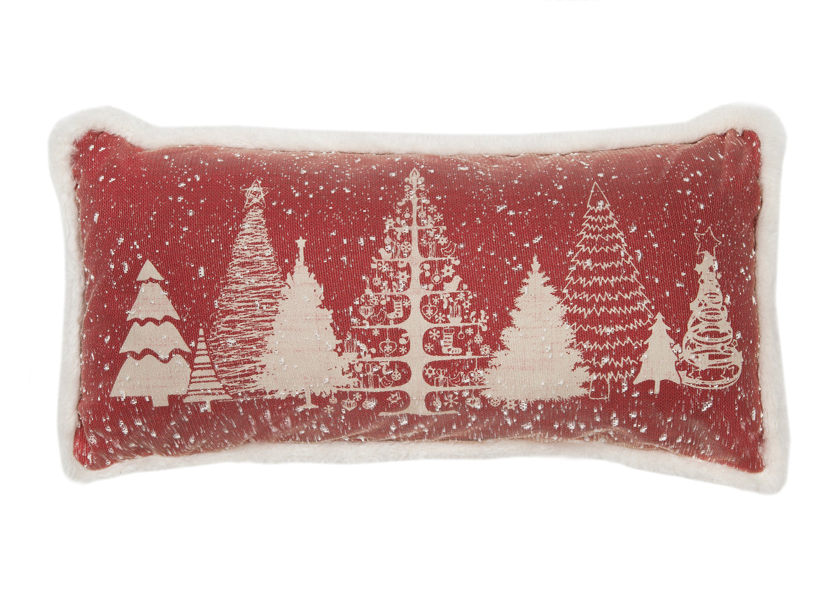 ML21002 Snow Scene Christmas Tree Pillow 10x20 Red Polyester with Faux Fur Trim