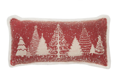 Snow Scene Printed Christmas Tree Pillow w/ Faux Fur Trim, 10"x20"