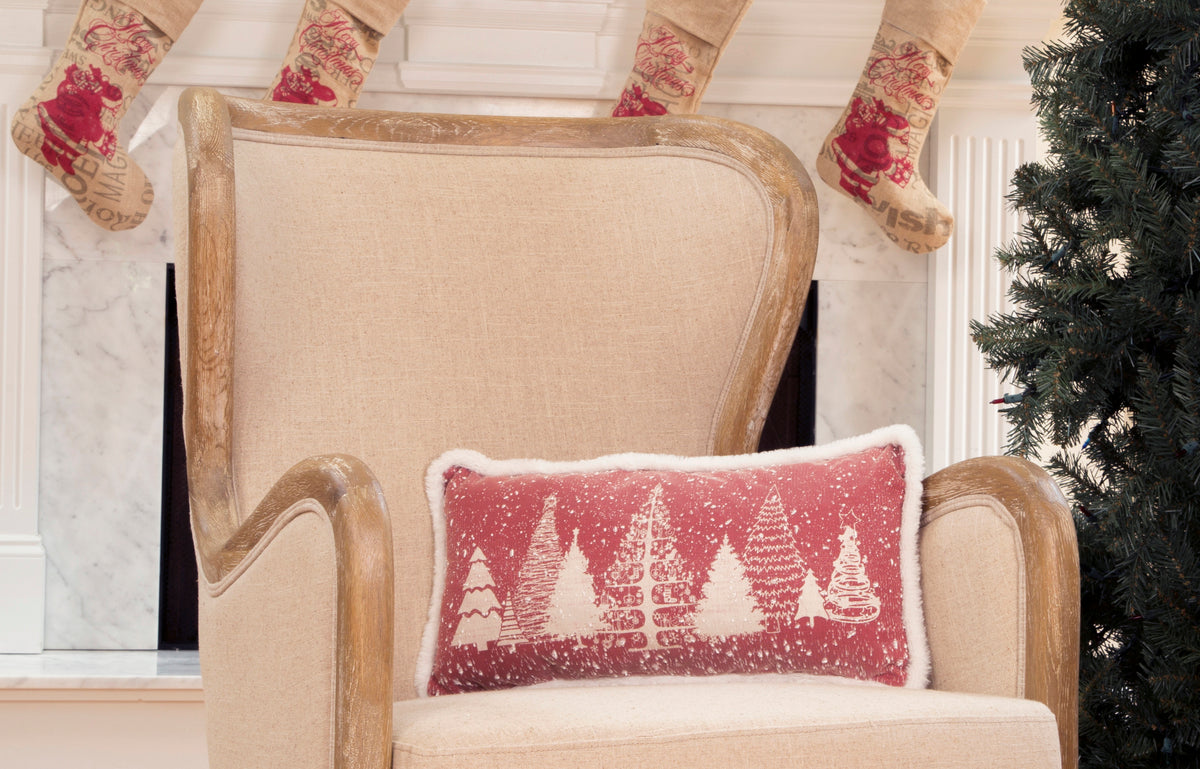 ML21002 Snow Scene Christmas Tree Pillow 10x20 Red Polyester with Faux Fur Trim