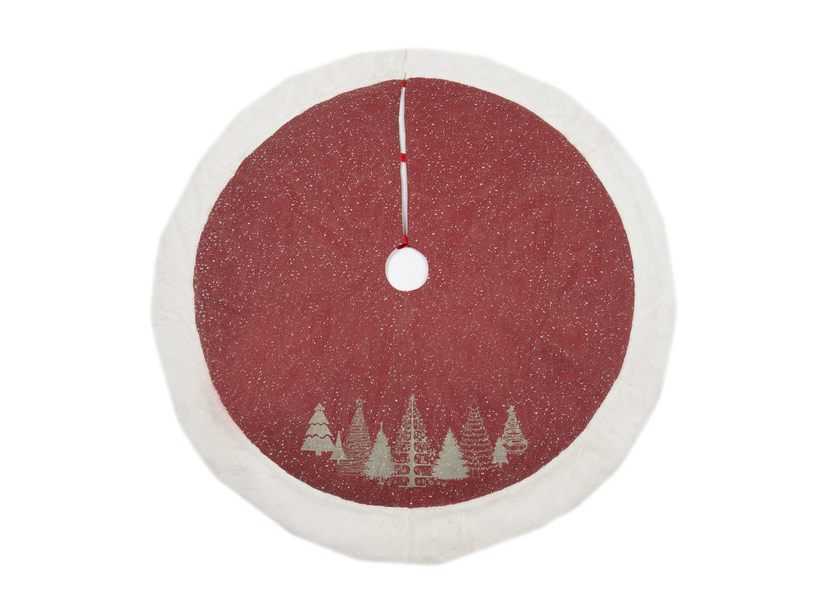 ML21002 Snow Scene Christmas Tree Tree Skirt 56 Inch Red Polyester with Faux Fur Trim