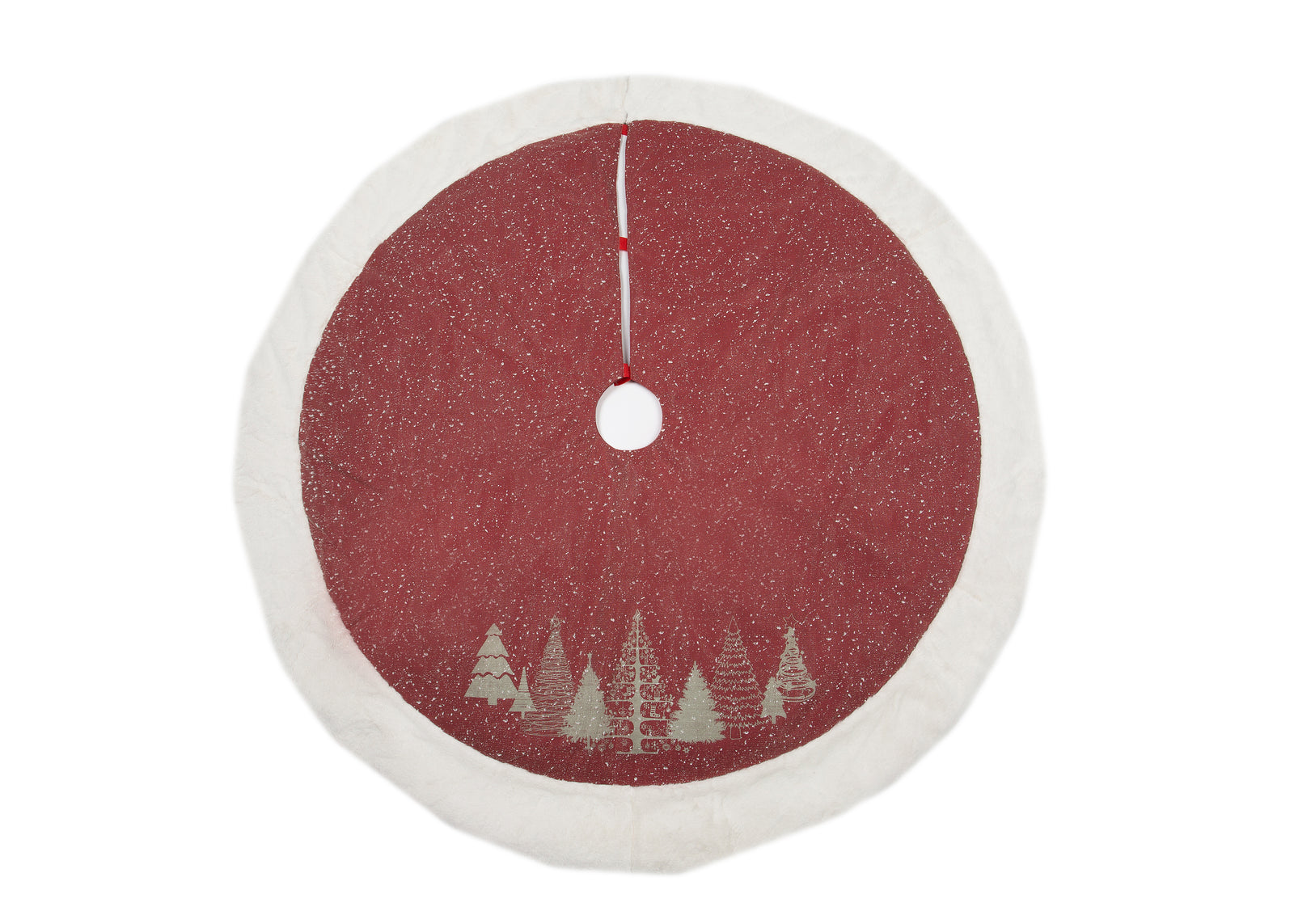 ML21002 Snow Scene Christmas Tree Tree Skirt 56 Inch Red Polyester with Faux Fur Trim