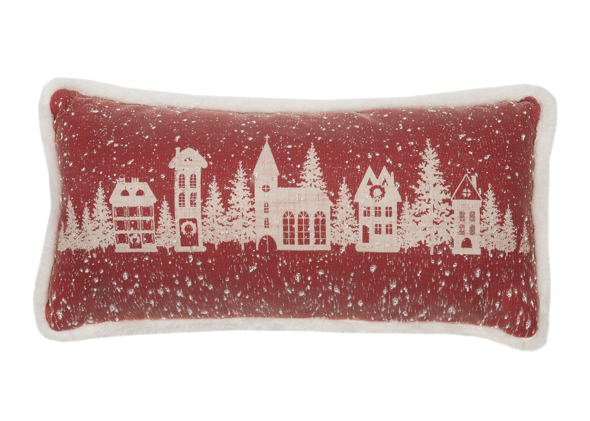 ML21003 Snow Scene Street View Pillow 10x20 Red Polyester with Faux Fur Trim
