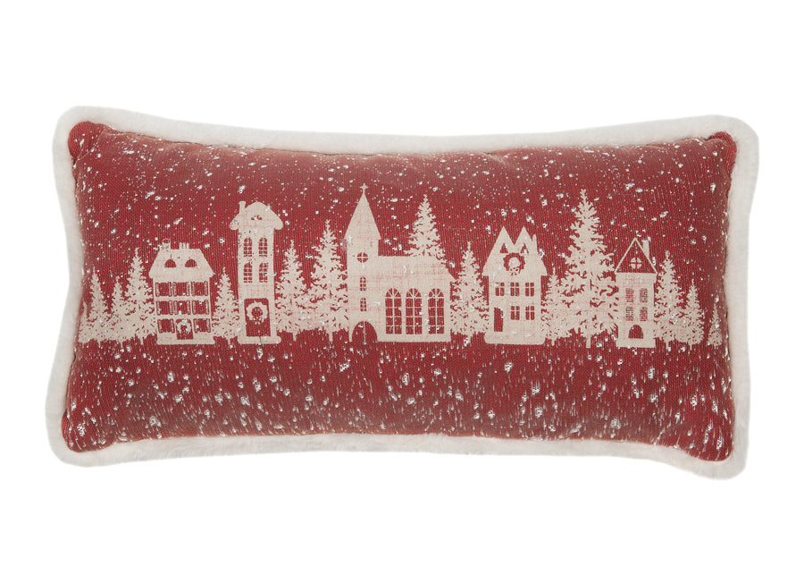 Snow Scene Printed Street View Christmas Pillow w/ Faux Fur Trim, 10"x20"