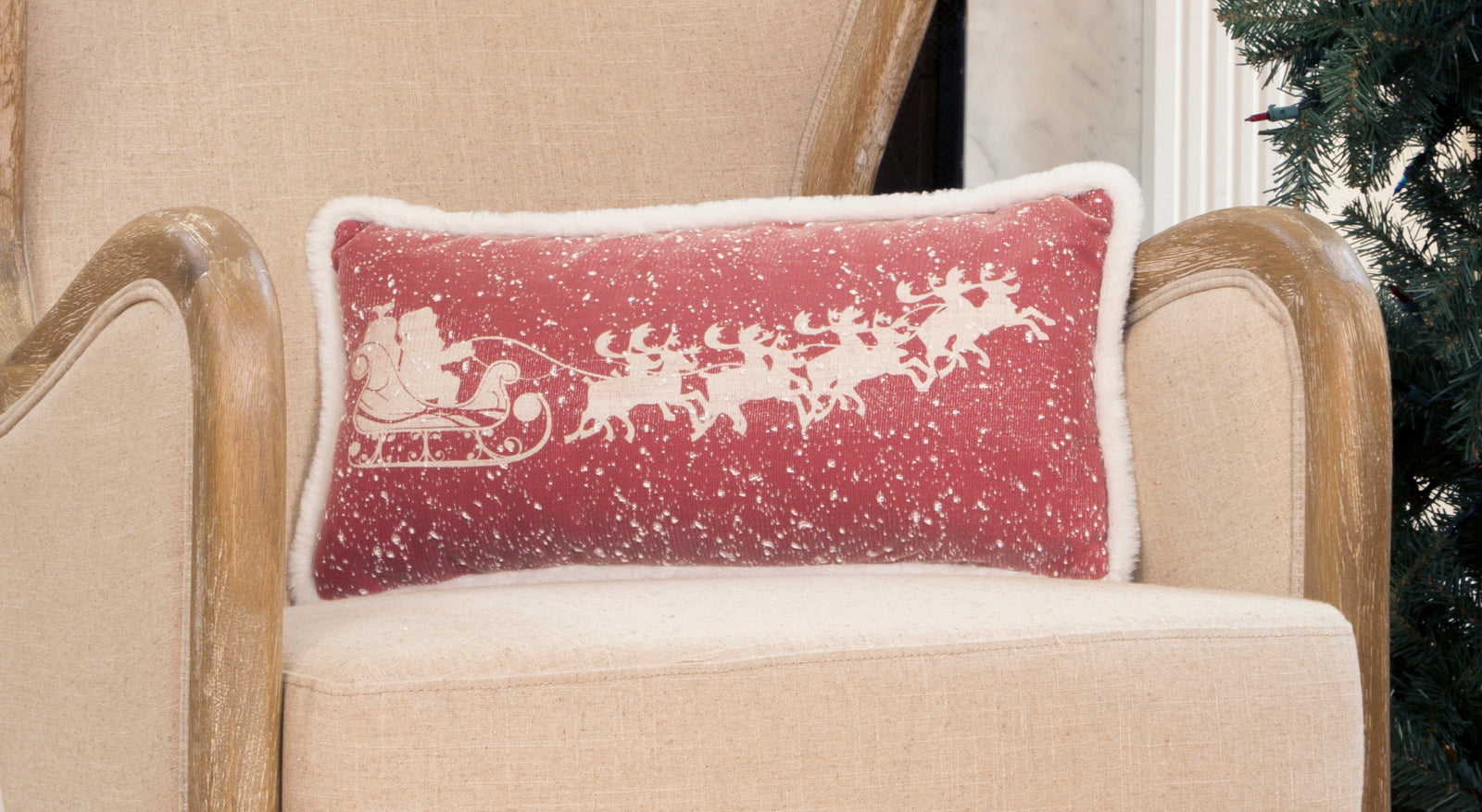 ML21004 Snow Scene Santa Sleigh Pillow 10x20 Red Polyester with Faux Fur Trim