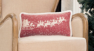 Snow Scene Printed Santa's Sleigh and Reindeer Christmas Pillow w/ Faux Fur Trim, 10"x20"