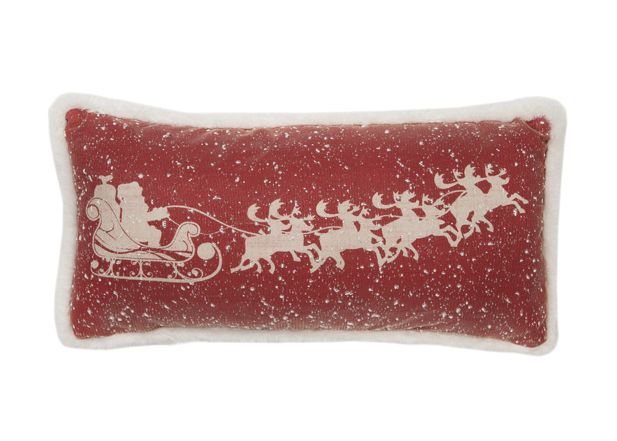 Snow Scene Printed Santa's Sleigh and Reindeer Christmas Pillow w/ Faux Fur Trim, 10"x20"