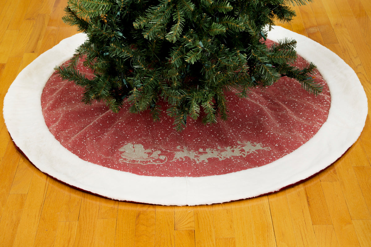 ML21004 Snow Scene Santa Sleigh Tree Skirt 48 Inch Red Polyester with Faux Fur Trim