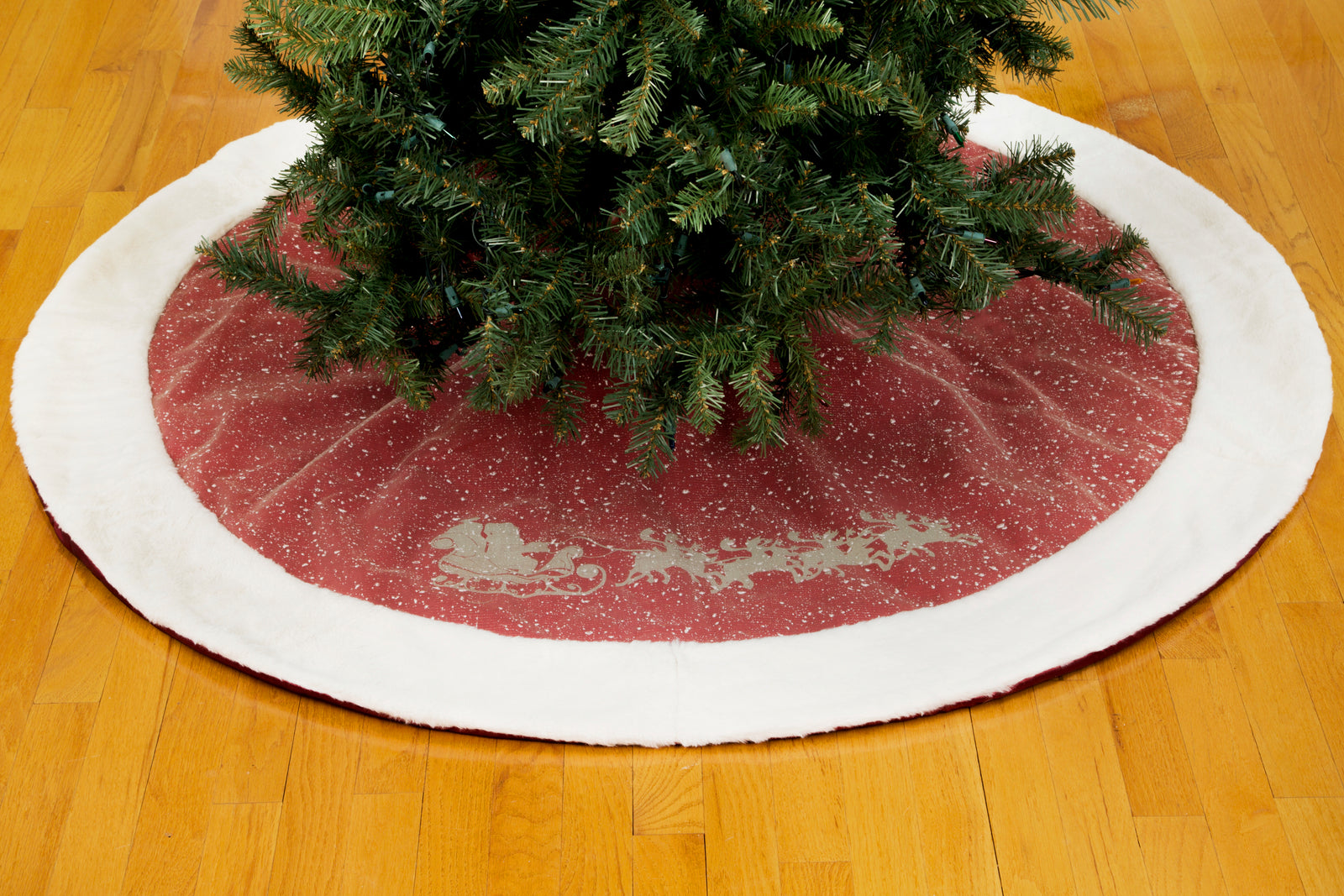 ML21004 Snow Scene Santa Sleigh Tree Skirt 48 Inch Red Polyester with Faux Fur Trim