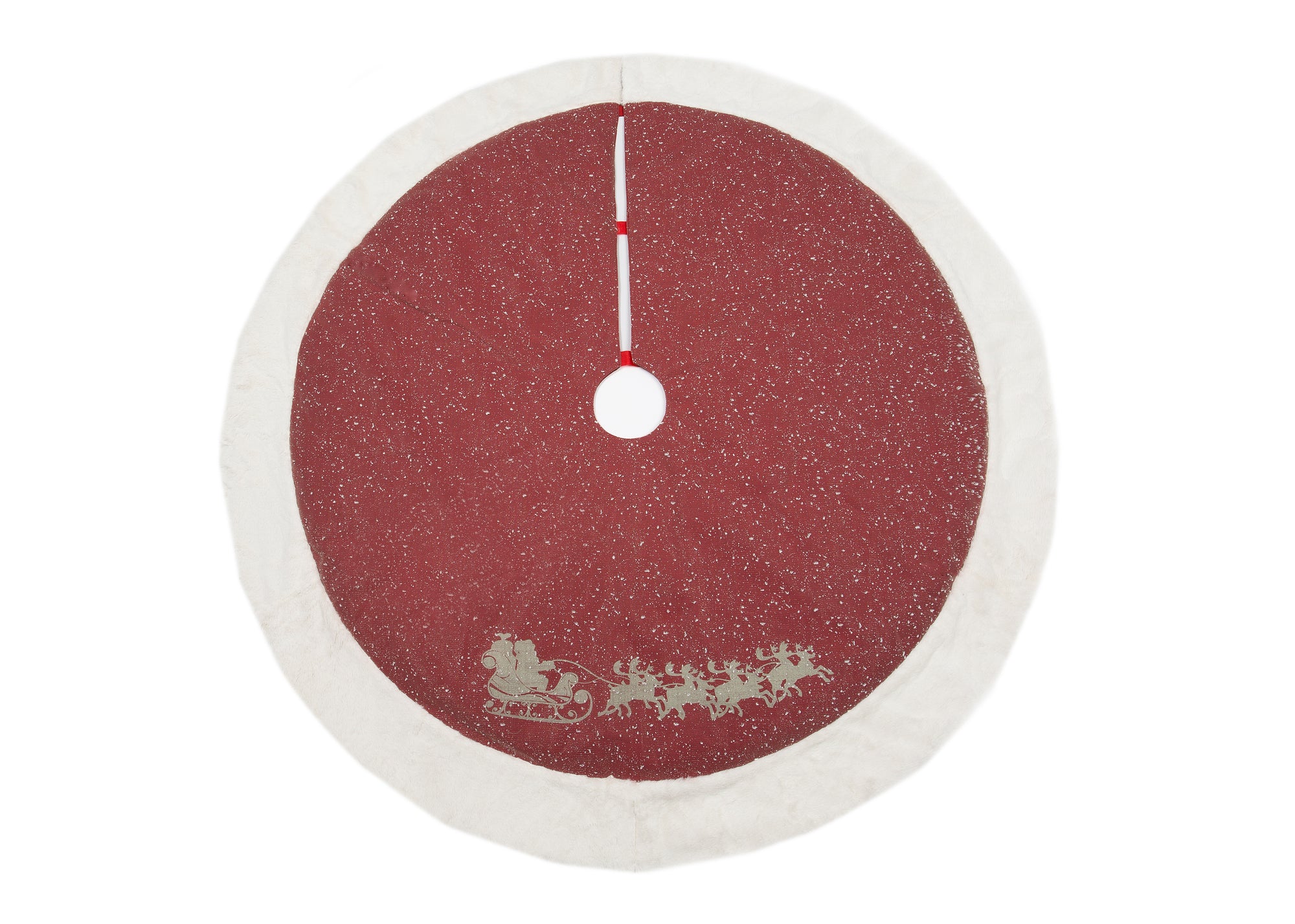 Snow Scene Christmas Treeskirt w/ Printed Santa's Sleigh and Reindeer with Faux Fur Trim, 48"