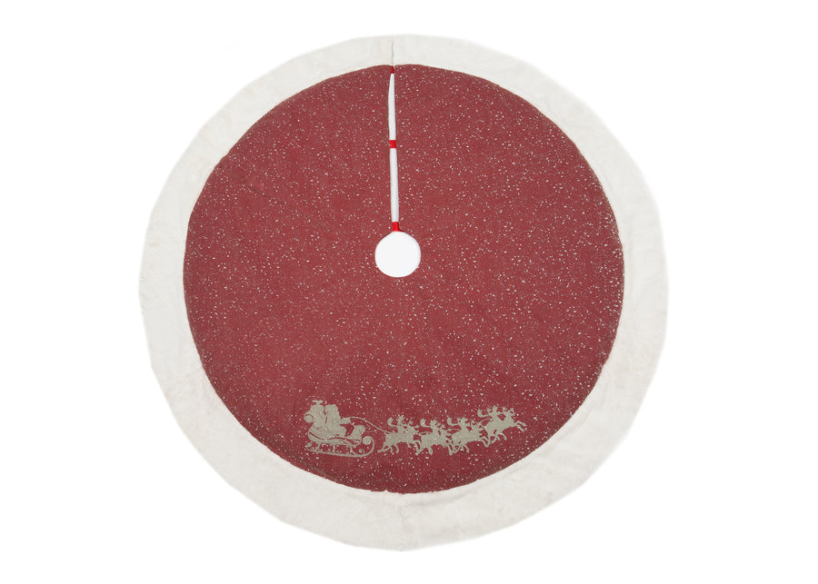 Snow Scene Christmas Treeskirt w/ Printed Santa's Sleigh and Reindeer with Faux Fur Trim, 48"