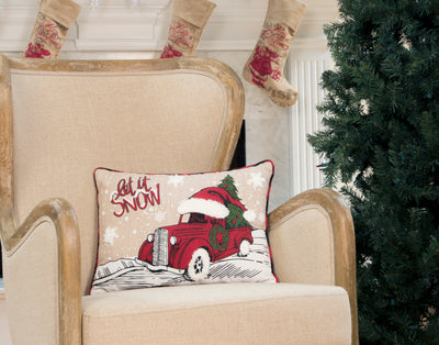 Let It Snow Christmas Car Pillow Embroidered w/Softy Tufted Snow , 13"x18"