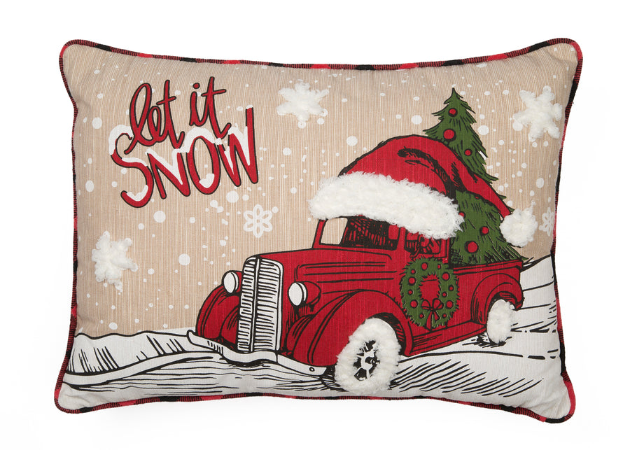 Let It Snow Christmas Car Pillow Embroidered w/Softy Tufted Snow , 13"x18"