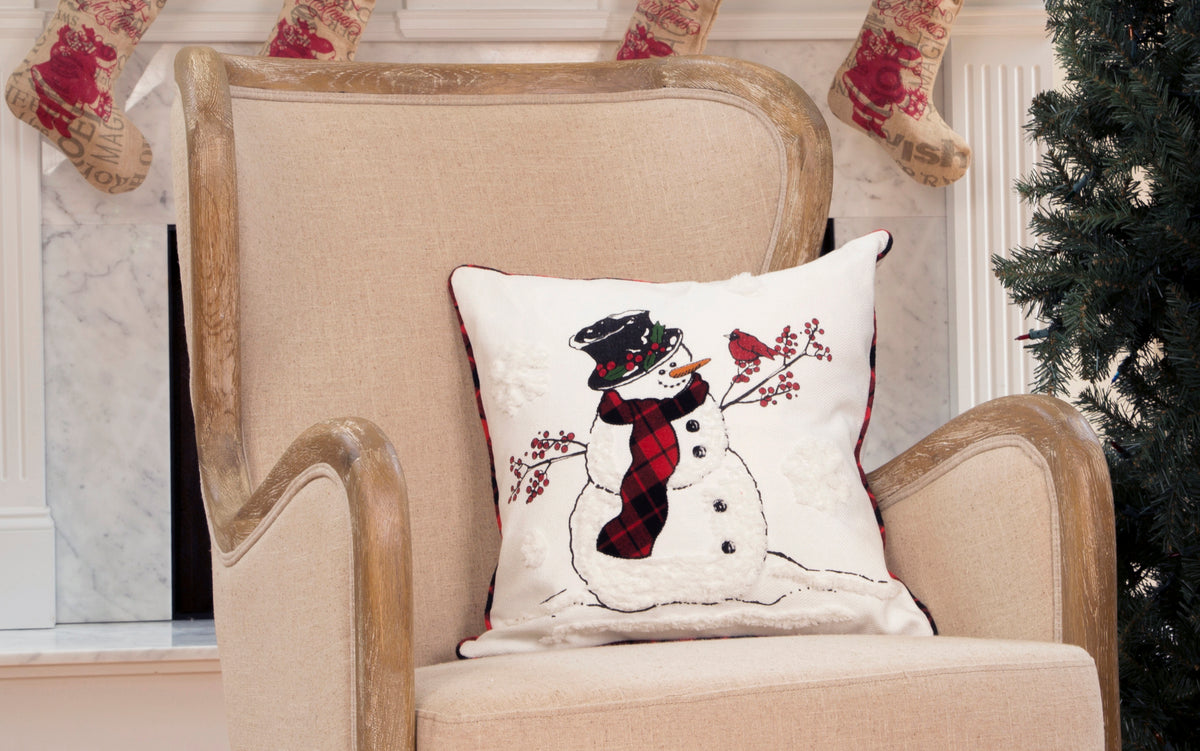 ML21007 Snowman with Caroler Hat Embroidered Christmas Pillow 18x18 Polyester