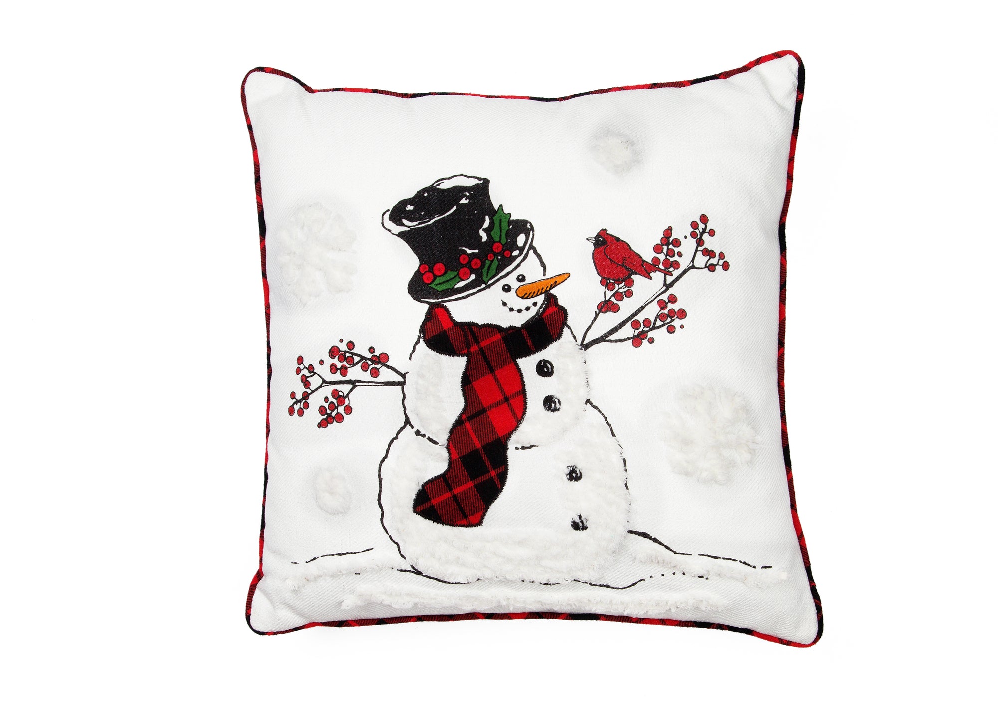 Snowman Christmas Pillow w/ Caroler Hat and Softy Tufted Snow Embroidered, 18"x18"