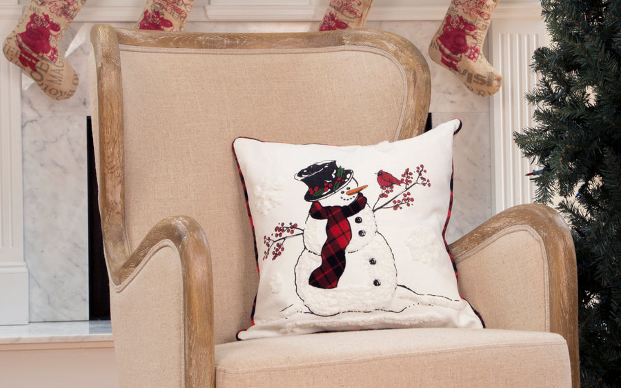 Snowman Christmas Pillow w/ Caroler Hat and Softy Tufted Snow Embroidered, 18"x18"