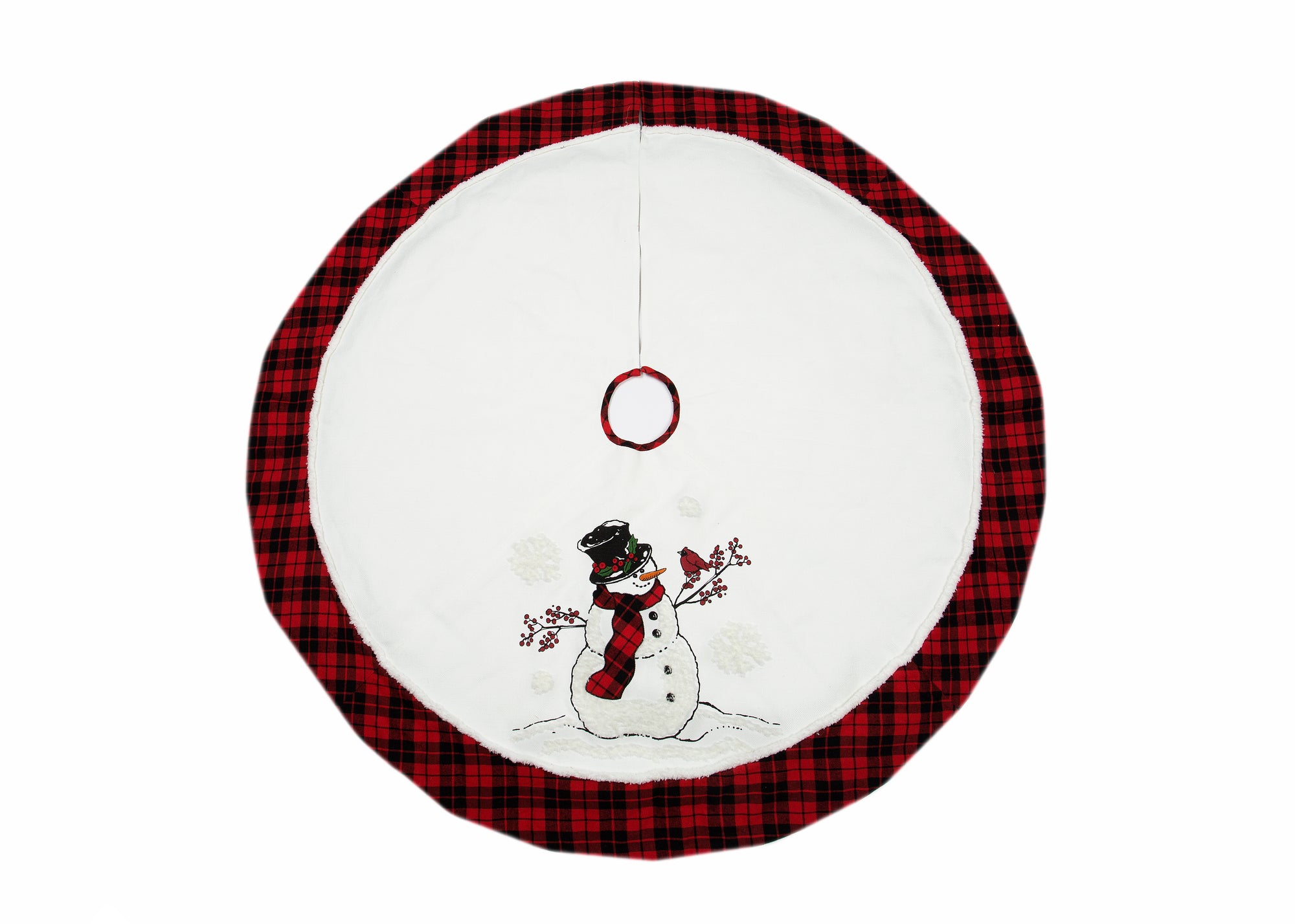 Snowman Christmas Treeskirt W/ Caroler Hat and Softy Tufted Snow Embroidered , 56"