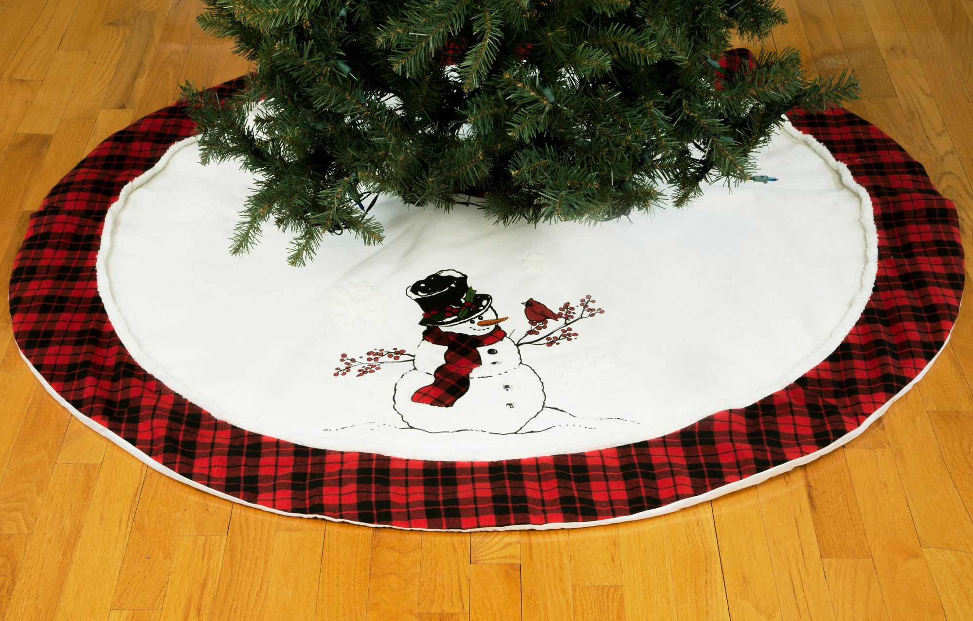 Snowman Christmas Treeskirt W/ Caroler Hat and Softy Tufted Snow Embroidered , 56"