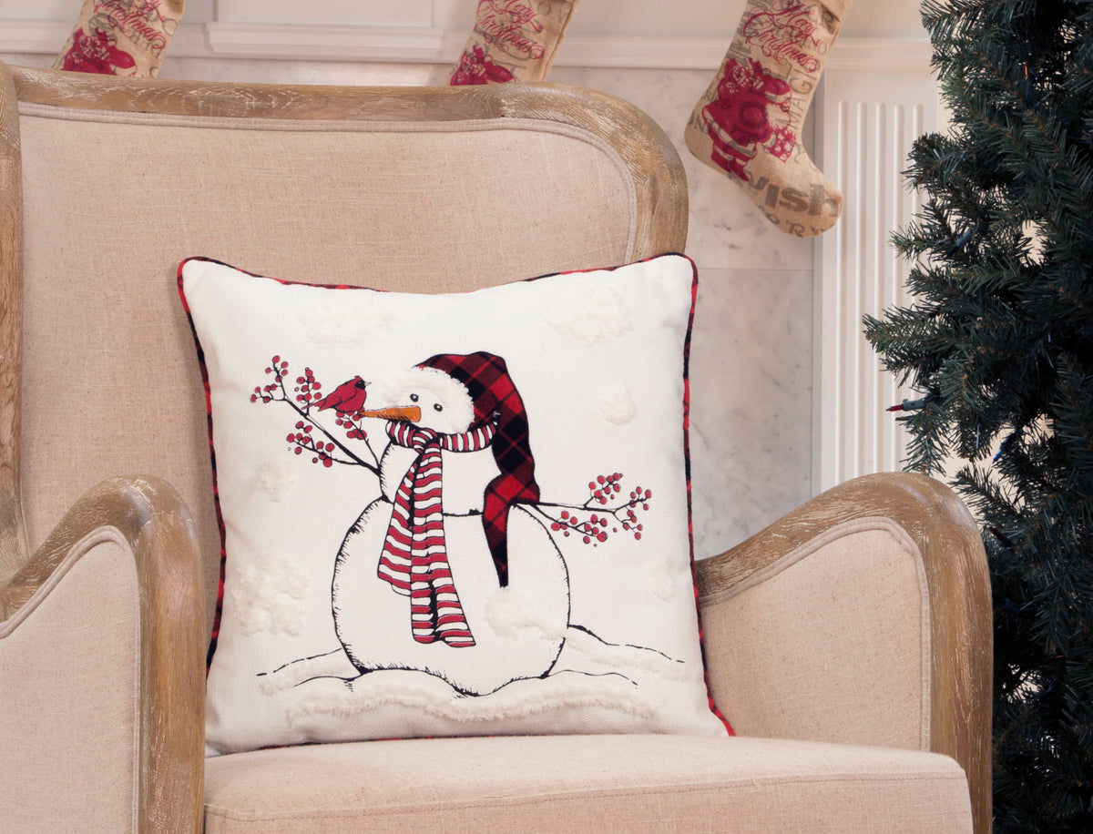 ML21008 Snowman with Beanie Hat Embroidered Christmas Pillow 18x18 Polyester