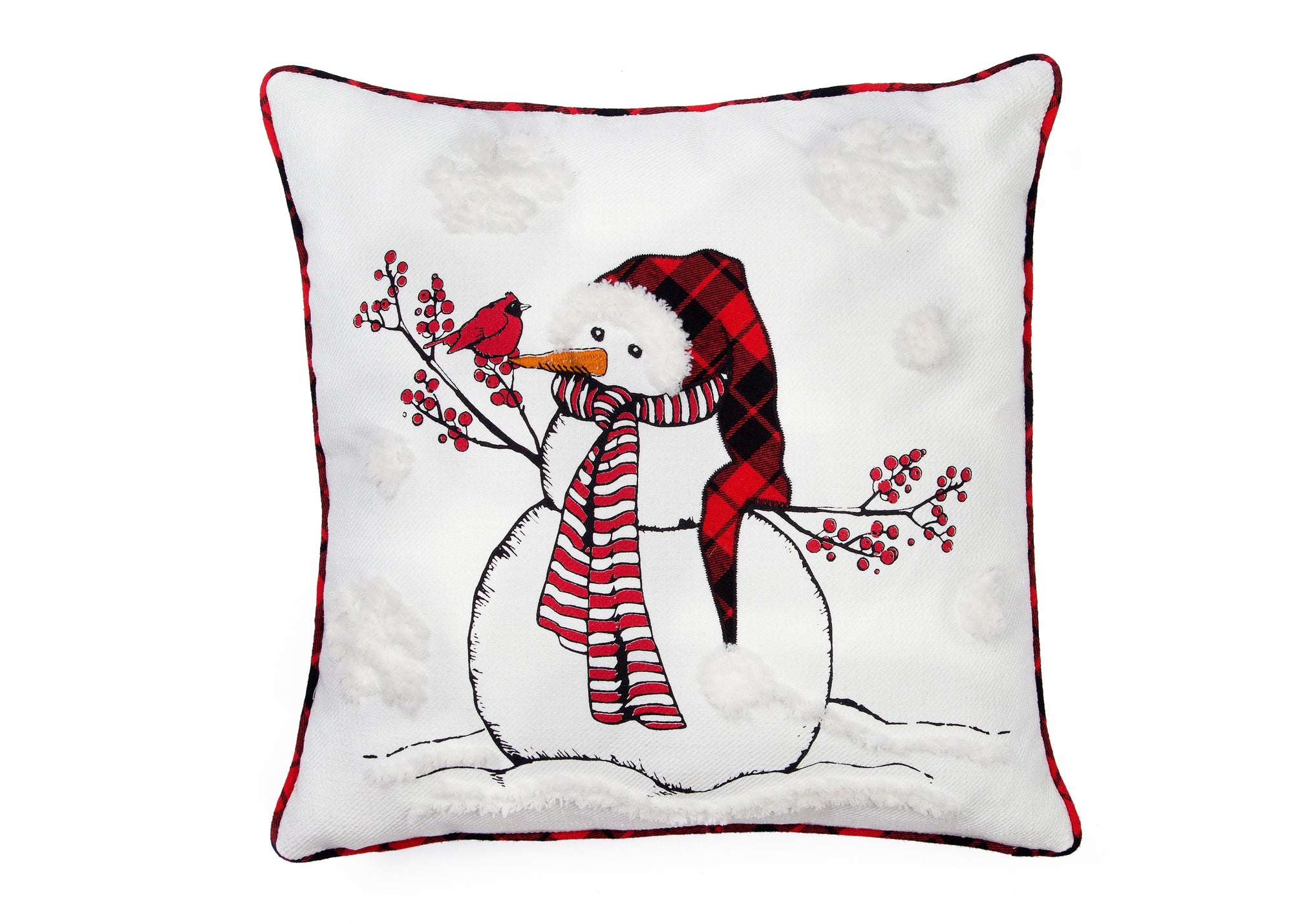 Snowman With Beanie Hat and Softy Tufted Snow Embroidered Christmas Pillow, 18 by 18-Inch