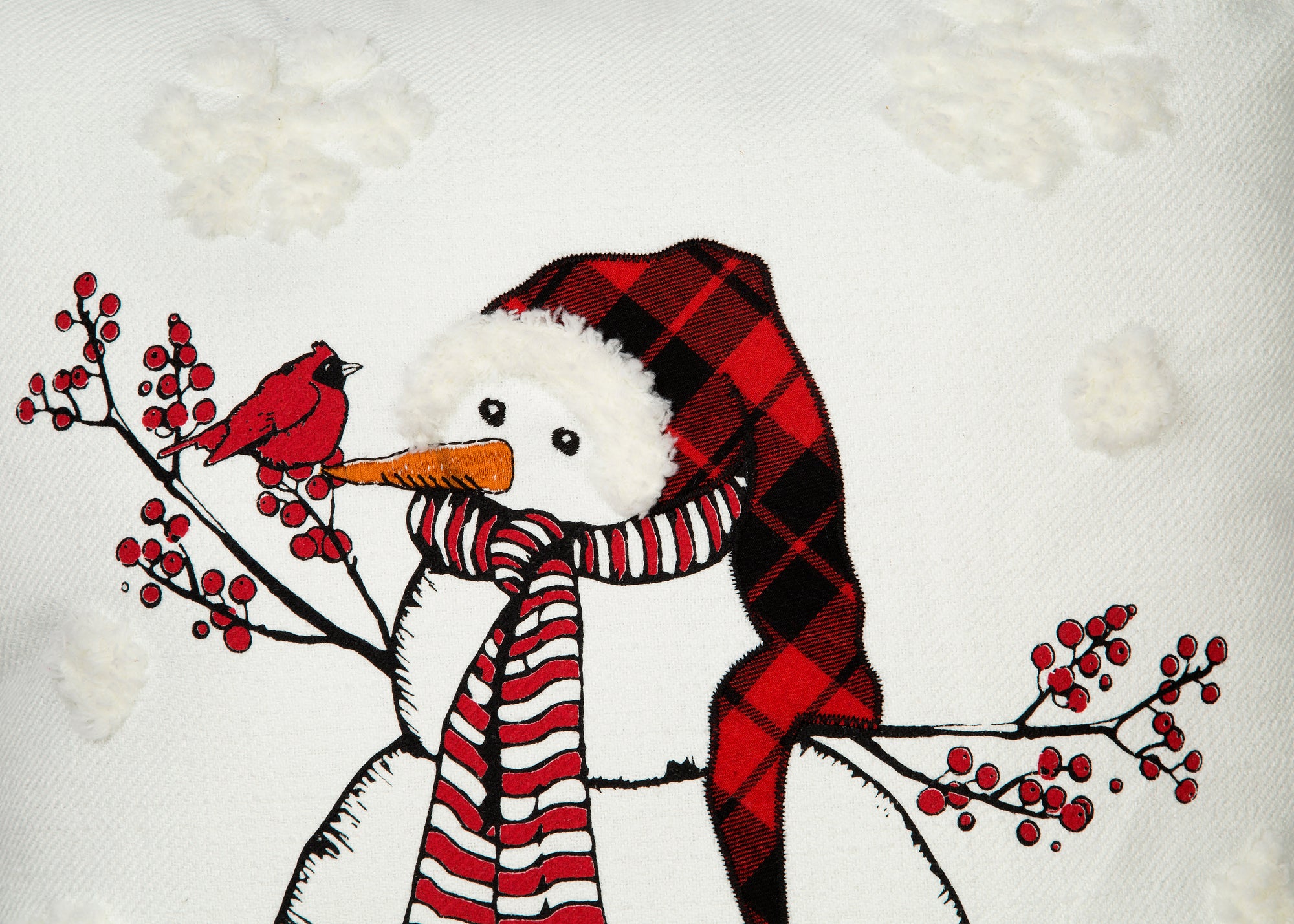 Snowman With Beanie Hat and Softy Tufted Snow Embroidered Christmas Pillow, 18 by 18-Inch