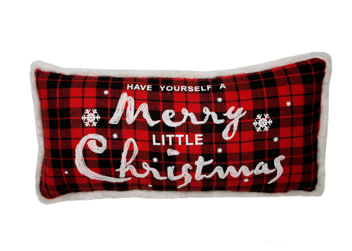 ML21010 Merry Little Christmas Faux Fur Trim Buffalo Check Pillow 10x20 Polyester