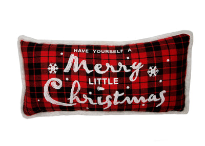 Merry Christmas Check Pillow w/ Faux Fur Trim, 10"x20"