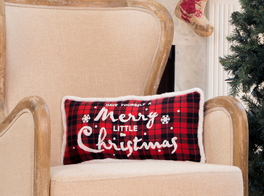 Merry Christmas Check Pillow w/ Faux Fur Trim, 10"x20"