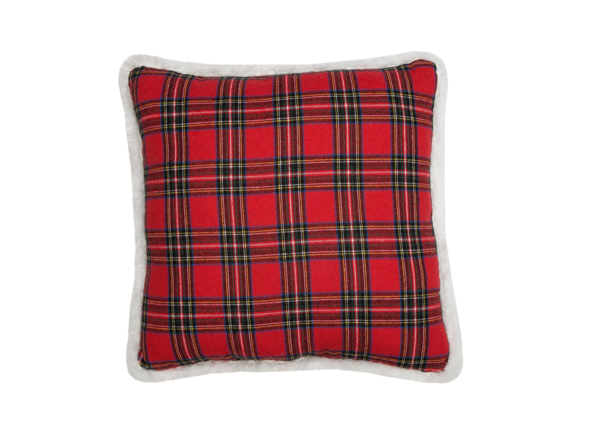 ML21011 Classic Christmas Check Faux Fur Trim Pillow 13.5x13.5 Polyester