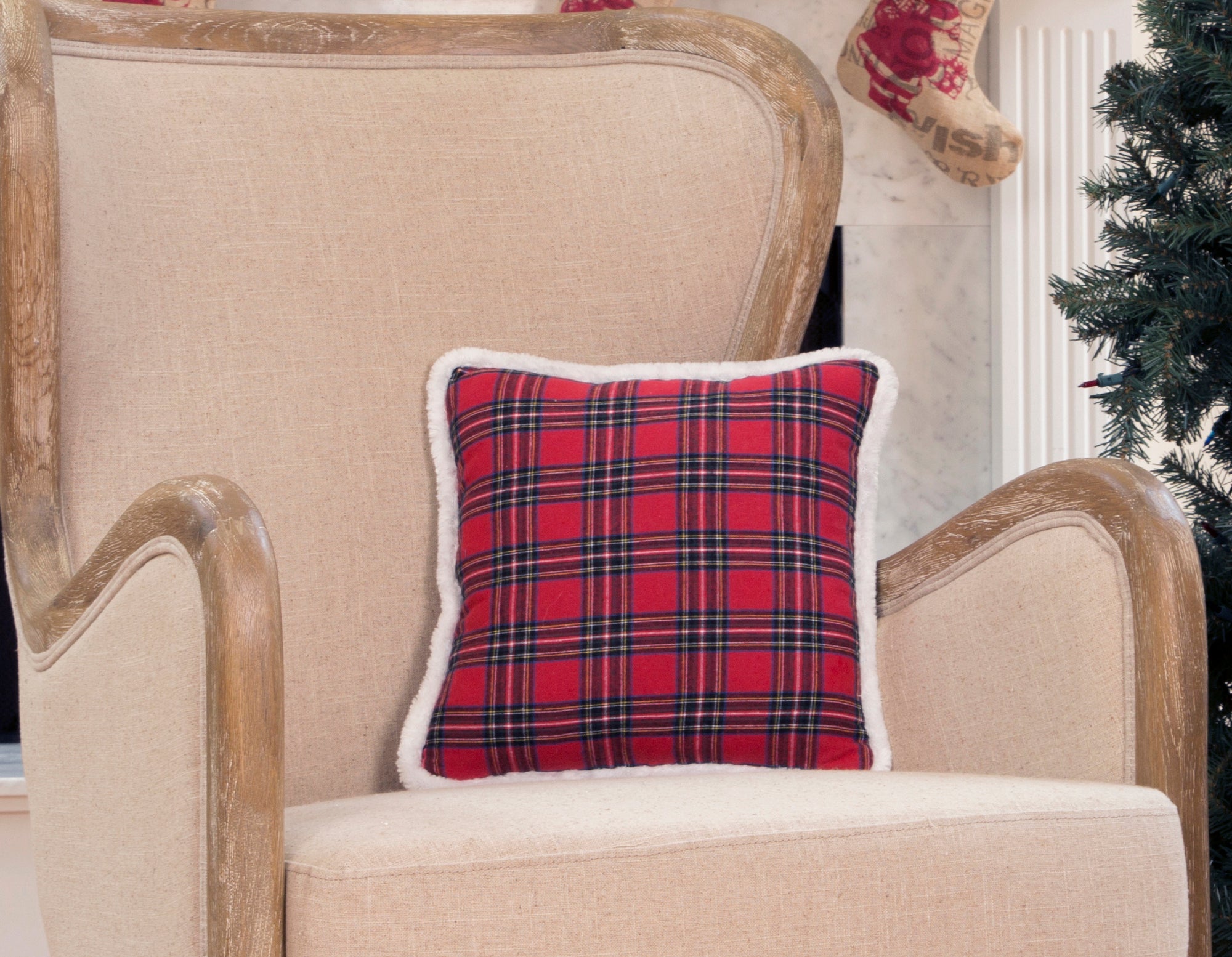 Classic Christmas Check Pillow w/ Faux Fur Trim, 13.5"x13.5"