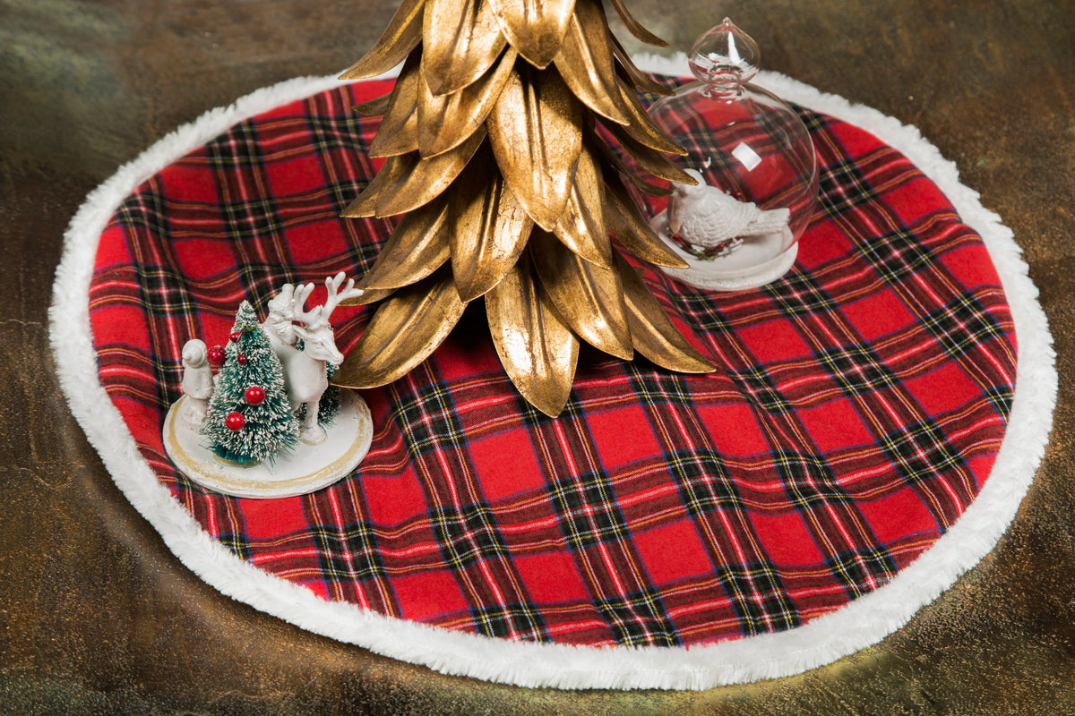 ML21011 Classic Christmas Check Faux Fur Trim Mini Tree Skirt 20-Inch Polyester