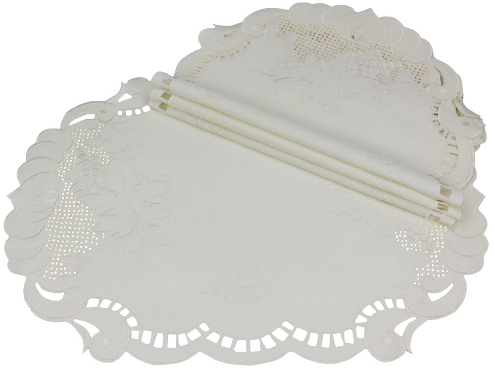 MANOR LUXE Grapes &amp; Leaves Embroidered Cutwork Placemats Set of 4, 14x20, White
