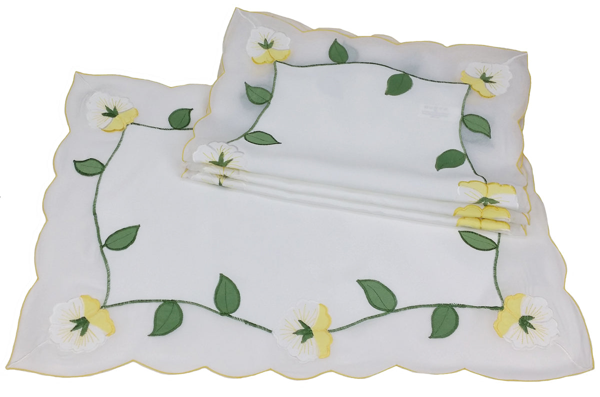Xia Home Fashions Yellow Lily Embroidered Placemats with Scalloped Edge, Set of 4, 14x20, White Yellow