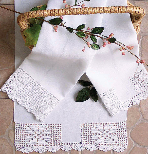 Xia Home Fashions Crochet Lace Trim Tea Towels, Set of 2, White(A)