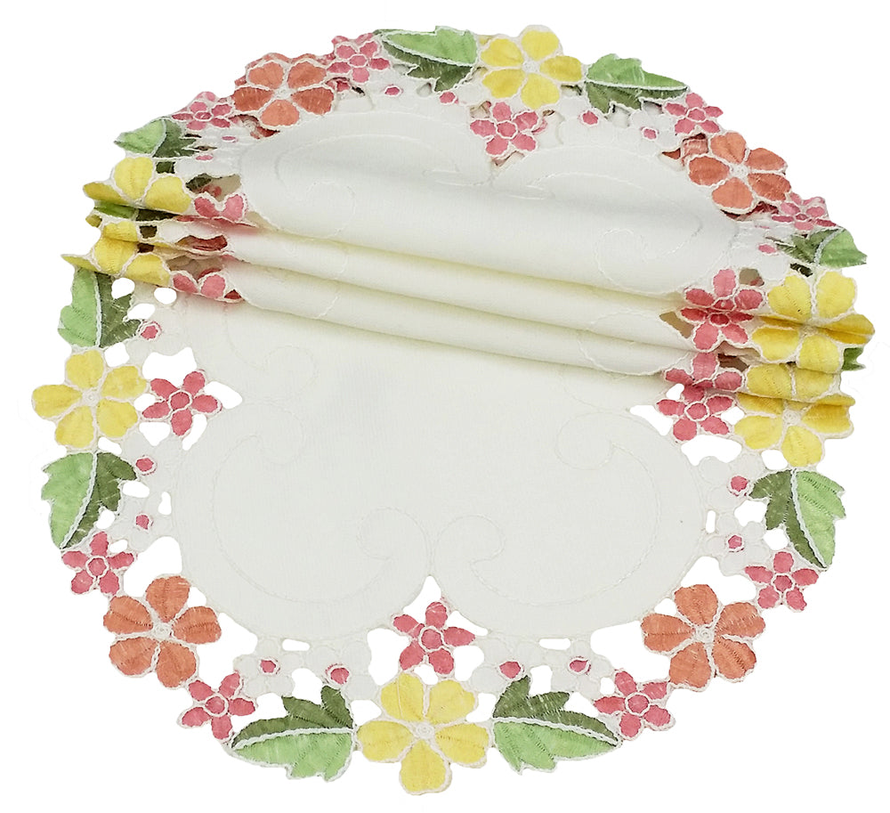XD101812-Fancy Flowers Poliviscose Doilies Embroidered Floral Cutwork Set of 4 8 Round Pink